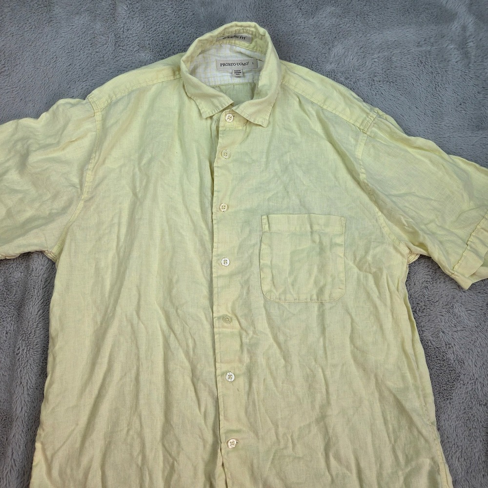Pronto Uomo Linen Button Down Shirt Mens L Modern Fit Short Sleeve Pale Yellow